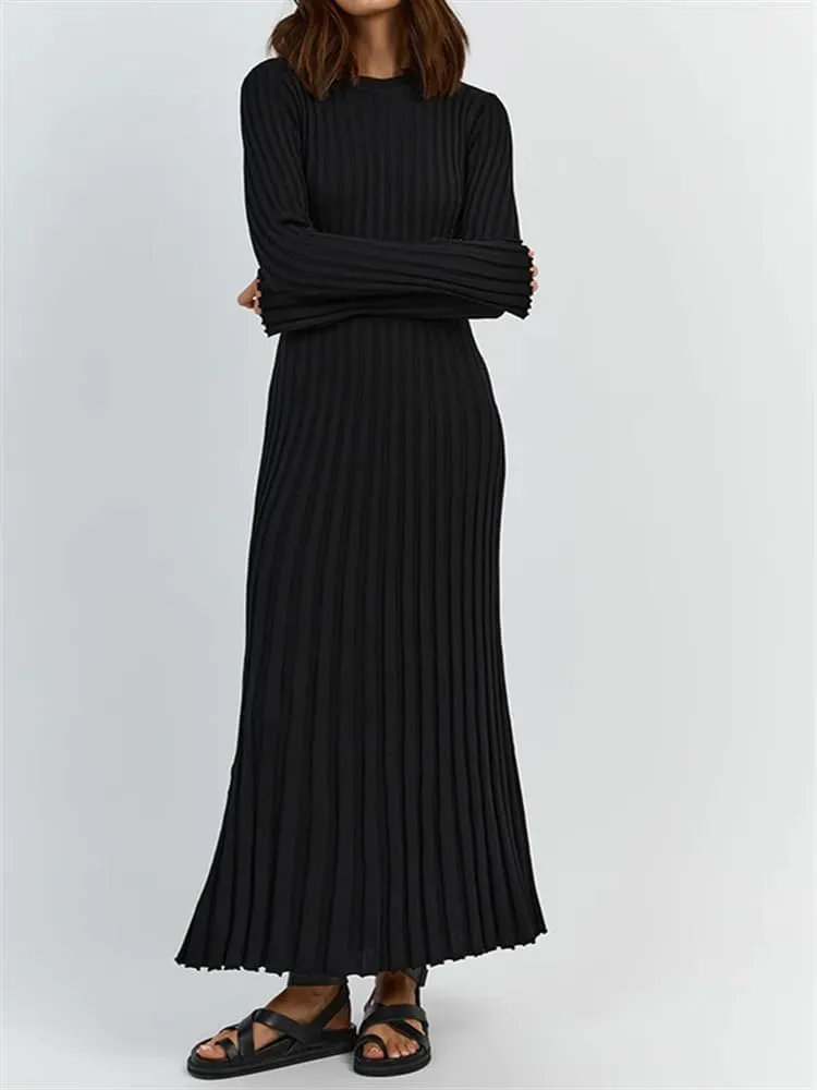 FEORJGP Womens Long Sleeve Rib Knit Long Dress Elegant Crew Neck Ribbed Knitted Midi Dress Solid Color Maxi Dress Streetwear