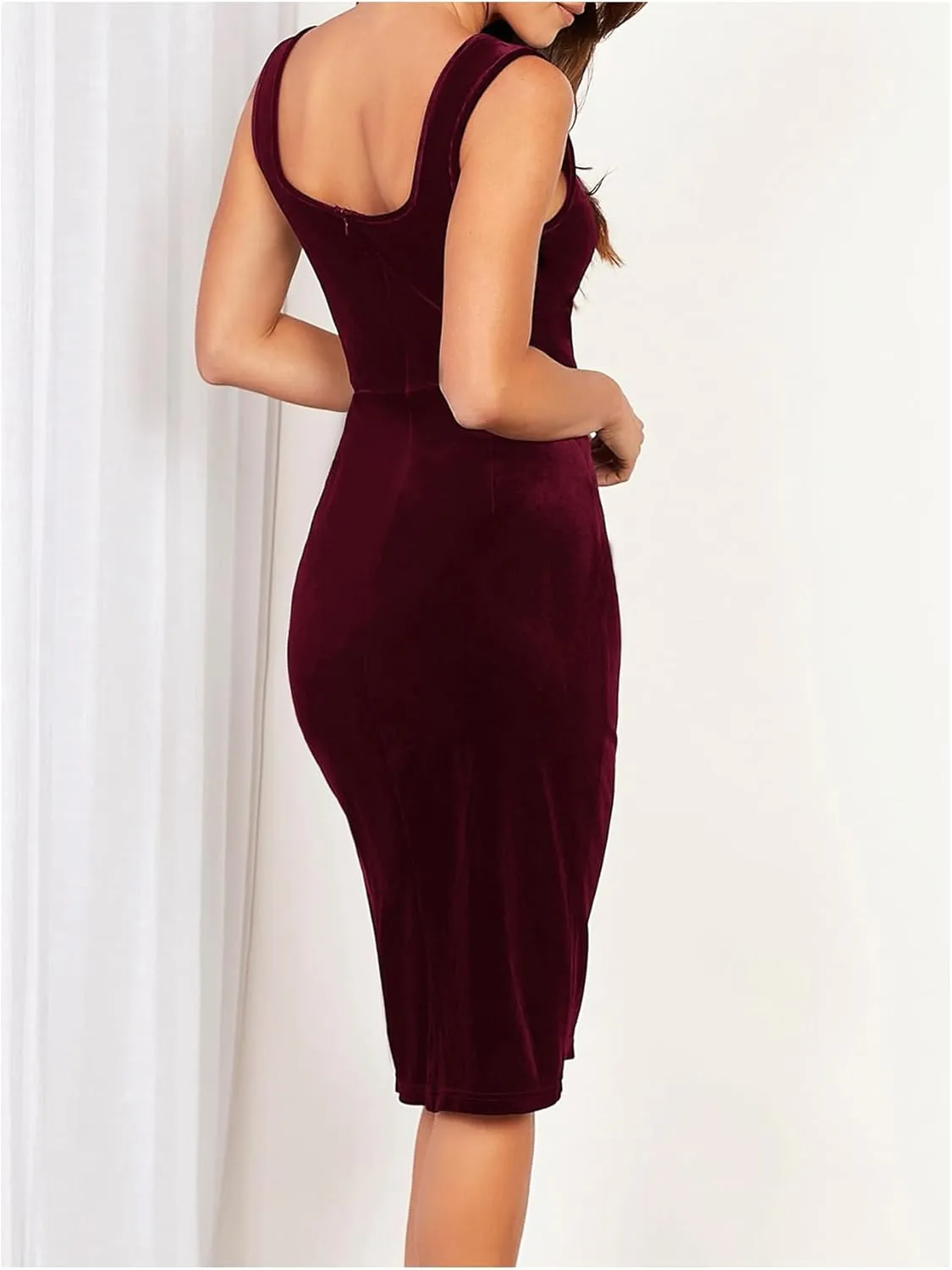 Floerns Women's Square Neck Bodycon Midi Tank Dress Side Slit Velvet Wedding Guest Dresses