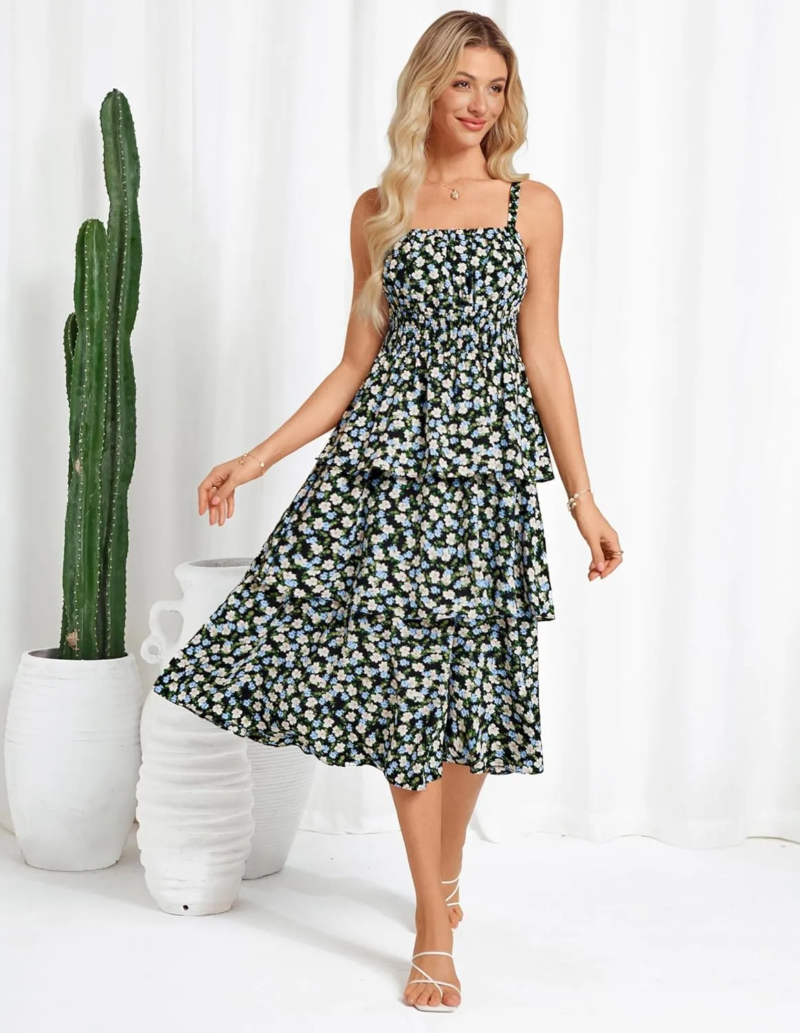 GRACE KARIN Women Summer Maxi Dress Floral Sleeveless Smocked Tiered Ruffle Spaghetti Strap Boho A Line Flowy Beach Sundress
