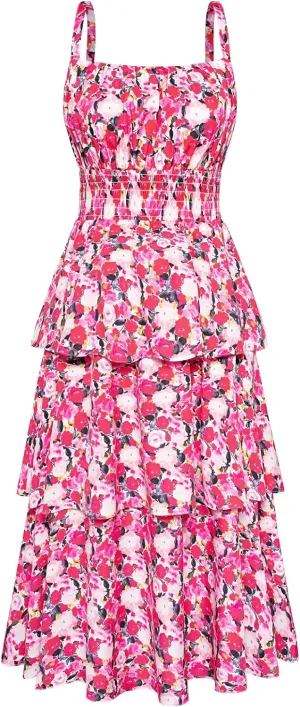GRACE KARIN Women Summer Maxi Dress Floral Sleeveless Smocked Tiered Ruffle Spaghetti Strap Boho A Line Flowy Beach Sundress