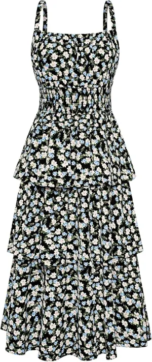 GRACE KARIN Women Summer Maxi Dress Floral Sleeveless Smocked Tiered Ruffle Spaghetti Strap Boho A Line Flowy Beach Sundress