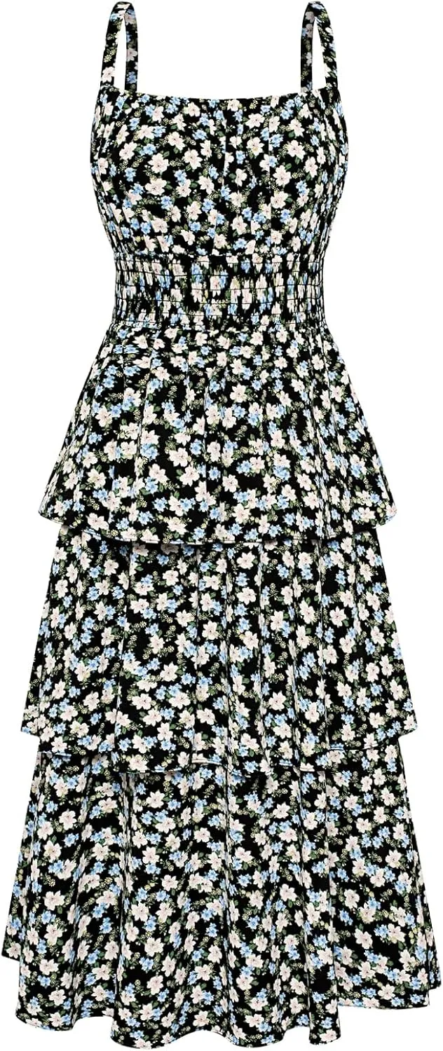 GRACE KARIN Women Summer Maxi Dress Floral Sleeveless Smocked Tiered Ruffle Spaghetti Strap Boho A Line Flowy Beach Sundress