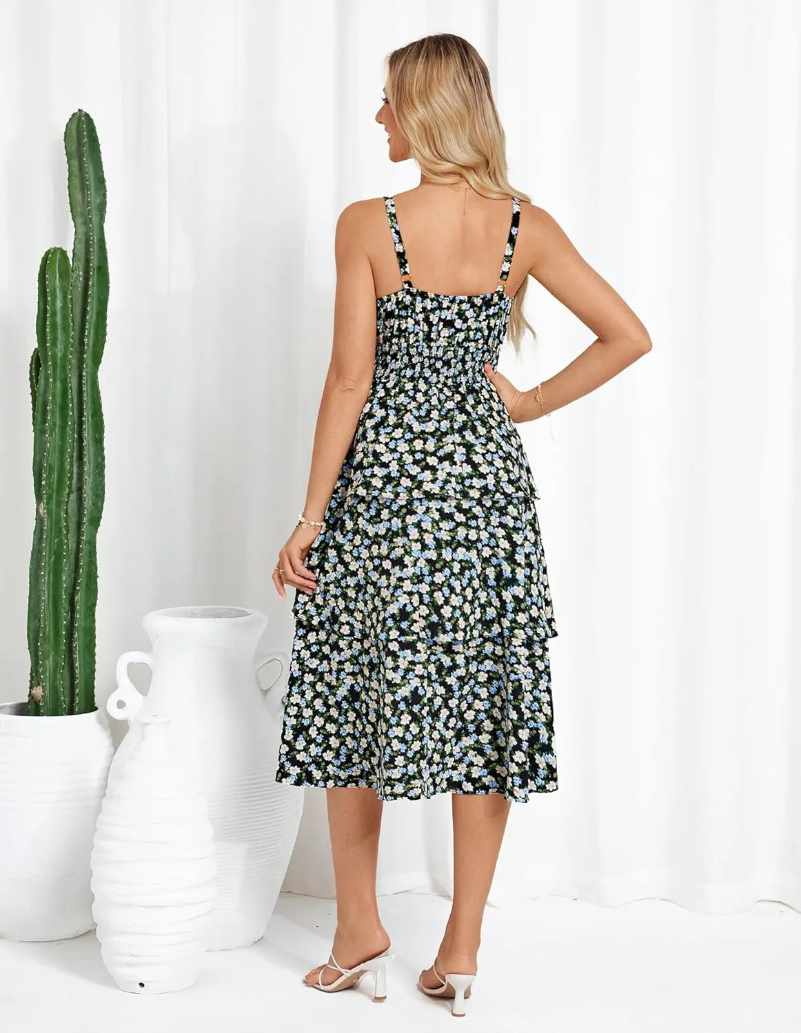 GRACE KARIN Women Summer Maxi Dress Floral Sleeveless Smocked Tiered Ruffle Spaghetti Strap Boho A Line Flowy Beach Sundress