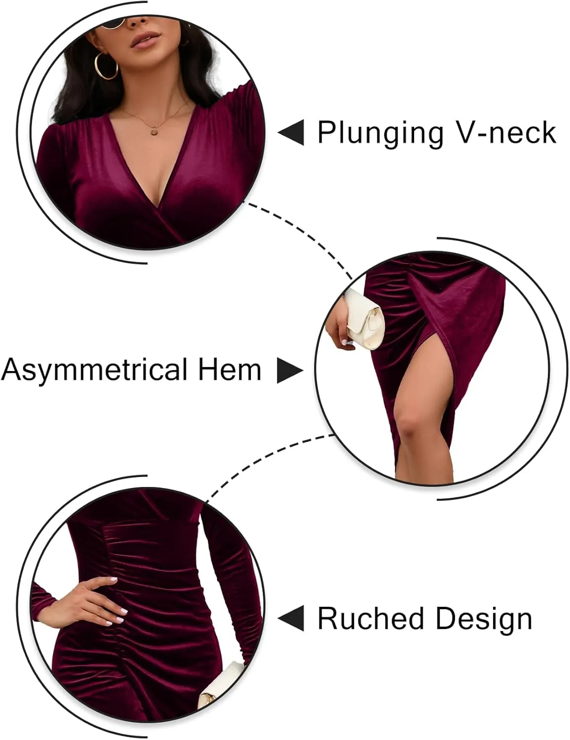 IFFEI Womens Wedding Guest Cocktail Dresses Fall Winter Velvet Dress for Women Ruched V Neck Long Sleeve Bodycon Mini Dress