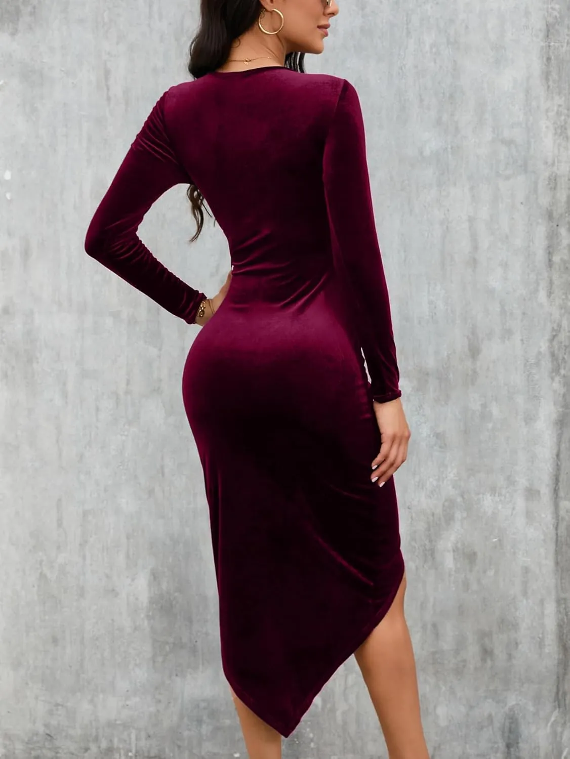IFFEI Womens Wedding Guest Cocktail Dresses Fall Winter Velvet Dress for Women Ruched V Neck Long Sleeve Bodycon Mini Dress