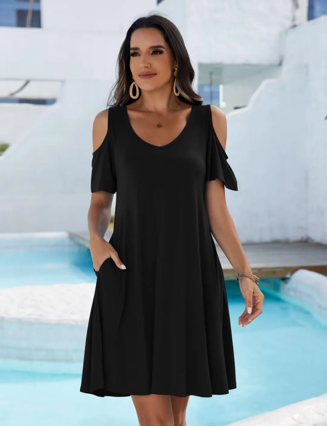 JollieLovin Womens Plus Size Short Sleeve Cold Shoulder V Neck T-Shirt Dress with Pockets
