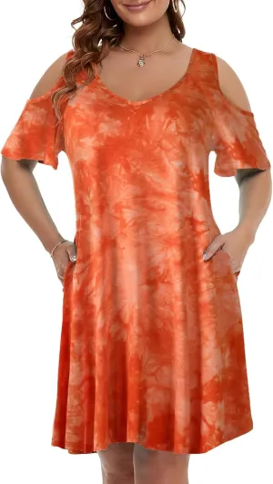 JollieLovin Womens Plus Size Short Sleeve Cold Shoulder V Neck T-Shirt Dress with Pockets