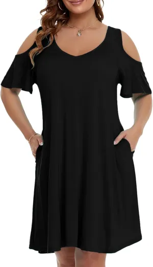 JollieLovin Womens Plus Size Short Sleeve Cold Shoulder V Neck T-Shirt Dress with Pockets