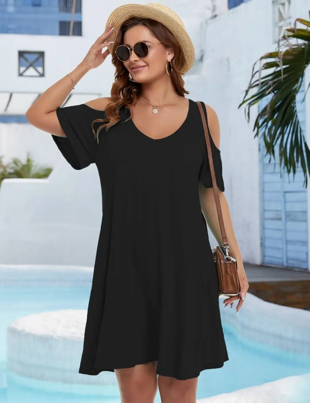 JollieLovin Womens Plus Size Short Sleeve Cold Shoulder V Neck T-Shirt Dress with Pockets