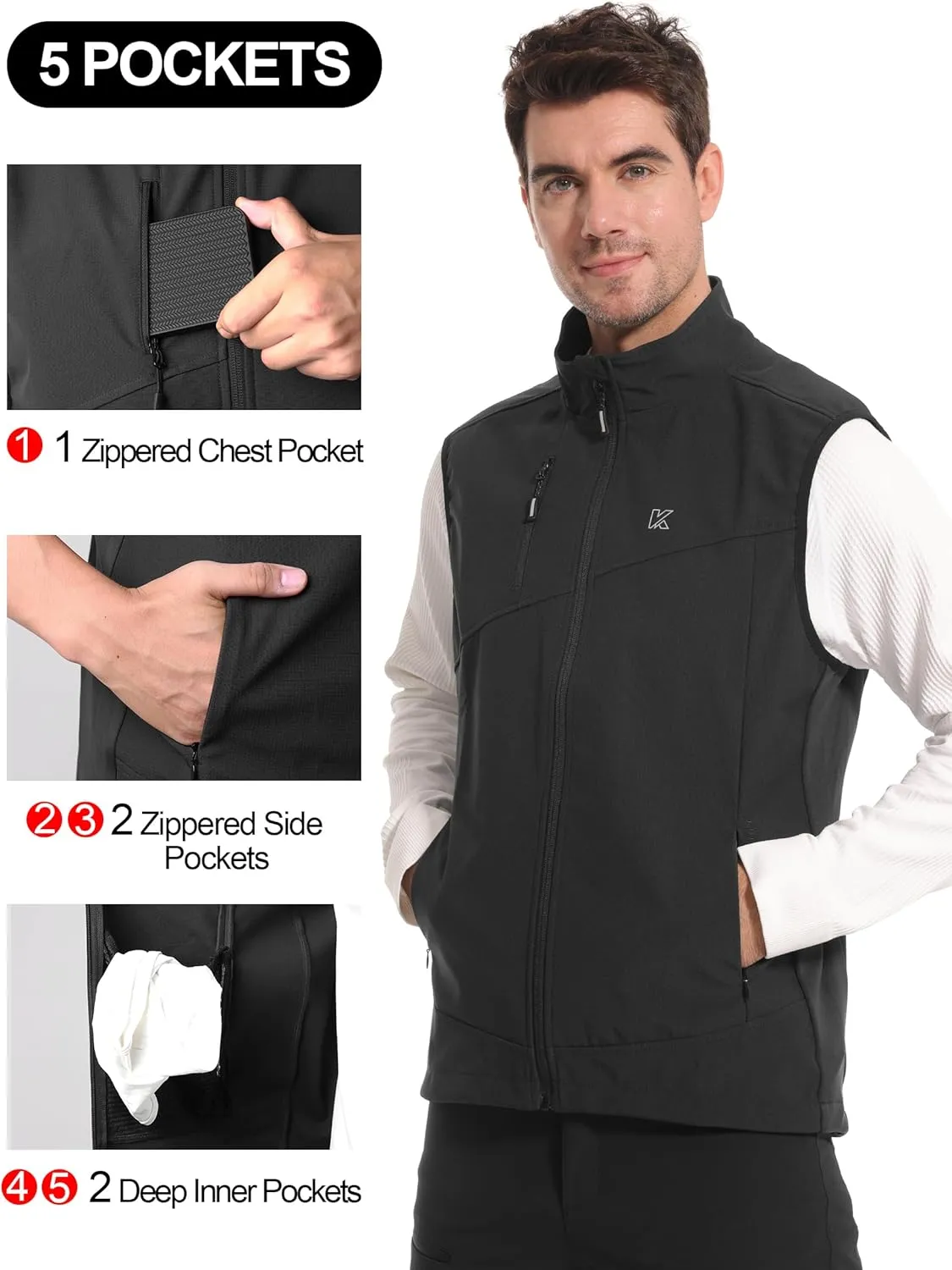 KUTOOK Mens Softshell Sleeveless Jacket Winter Warm Fleece Outerwear Vests for Cycling Golf Hiking