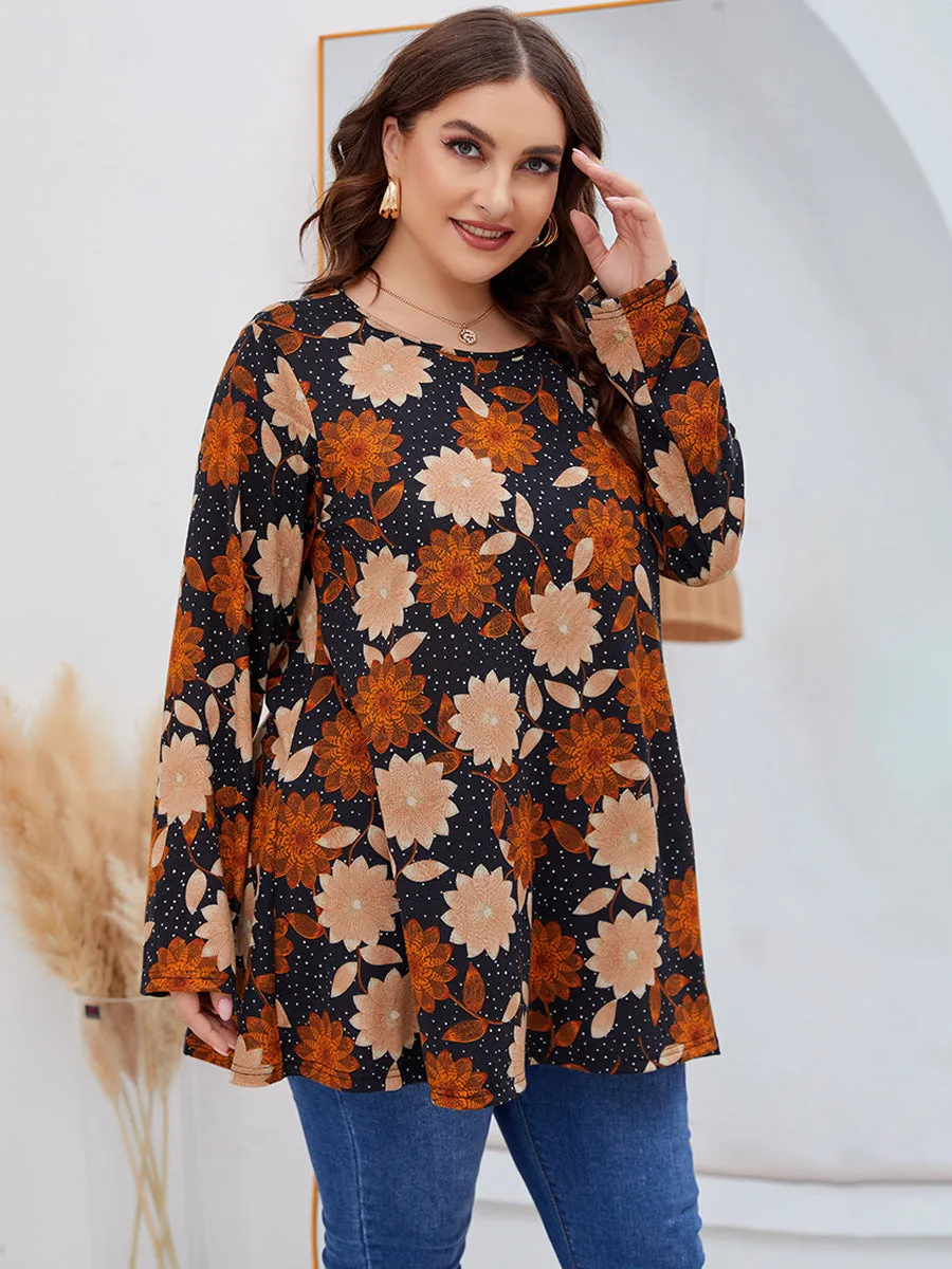 Long Sleeve Swing Print Knitted Large Size T-shirt