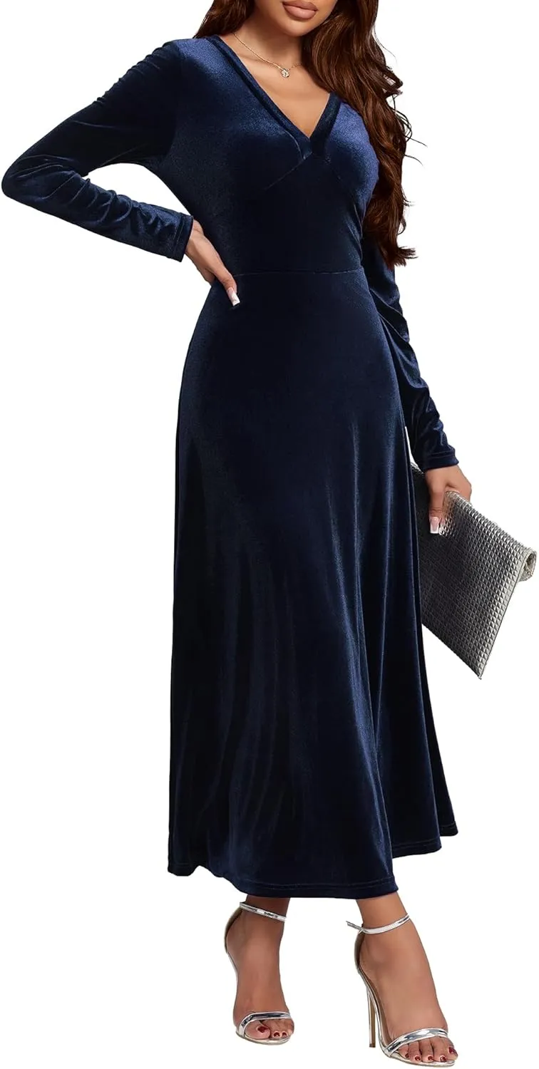 Long Sleeve Velvet Wedding Guest Dresses Formal Maxi Dress for Women