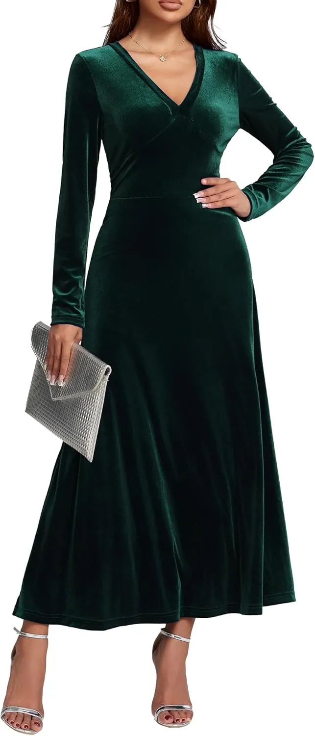 Long Sleeve Velvet Wedding Guest Dresses Formal Maxi Dress for Women