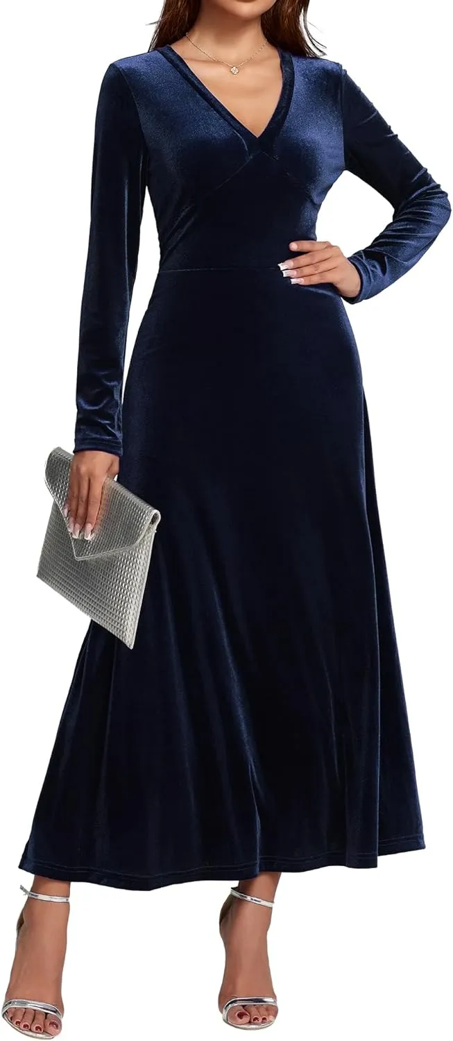 Long Sleeve Velvet Wedding Guest Dresses Formal Maxi Dress for Women