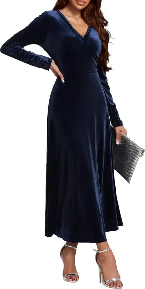 Long Sleeve Velvet Wedding Guest Dresses Formal Maxi Dress for Women