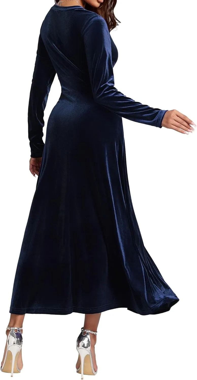 Long Sleeve Velvet Wedding Guest Dresses Formal Maxi Dress for Women