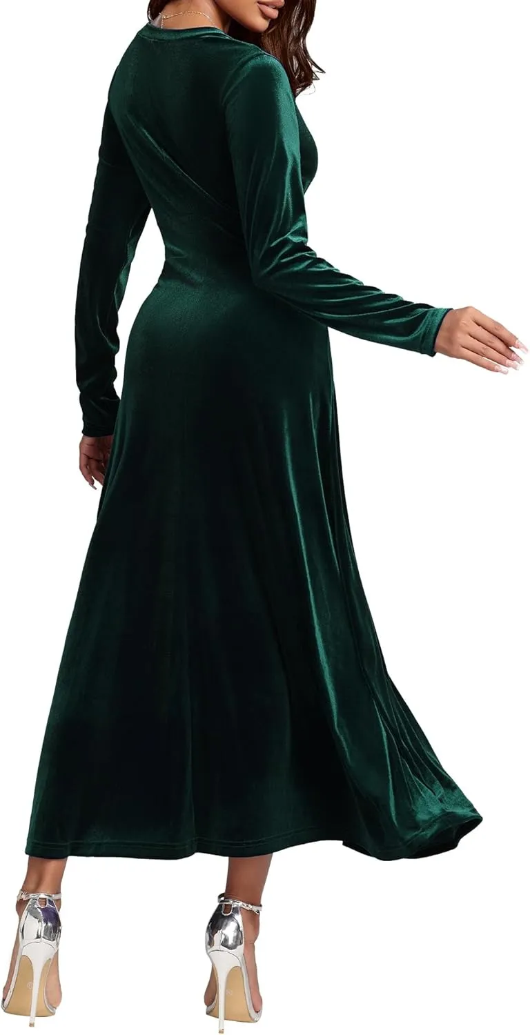 Long Sleeve Velvet Wedding Guest Dresses Formal Maxi Dress for Women
