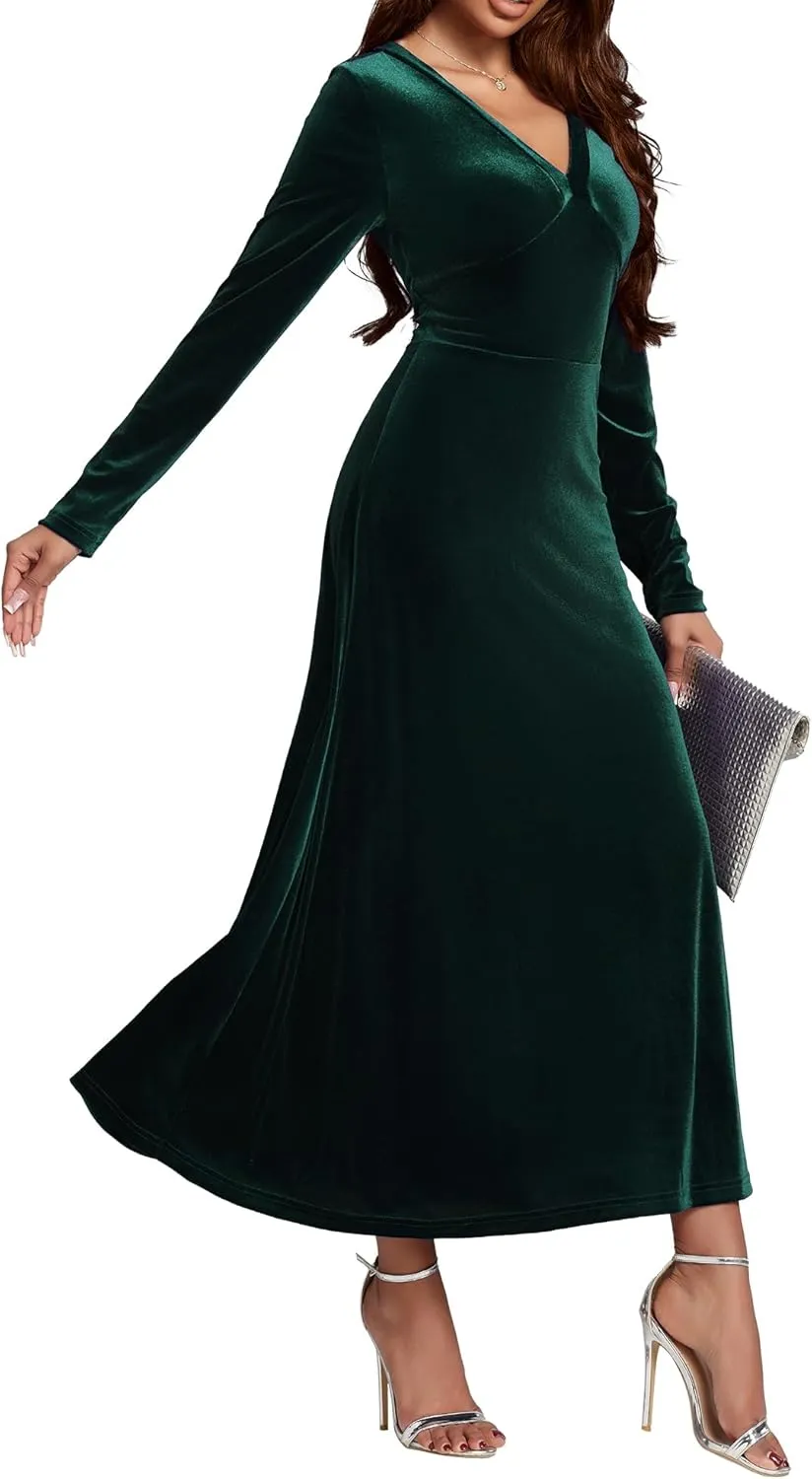 Long Sleeve Velvet Wedding Guest Dresses Formal Maxi Dress for Women