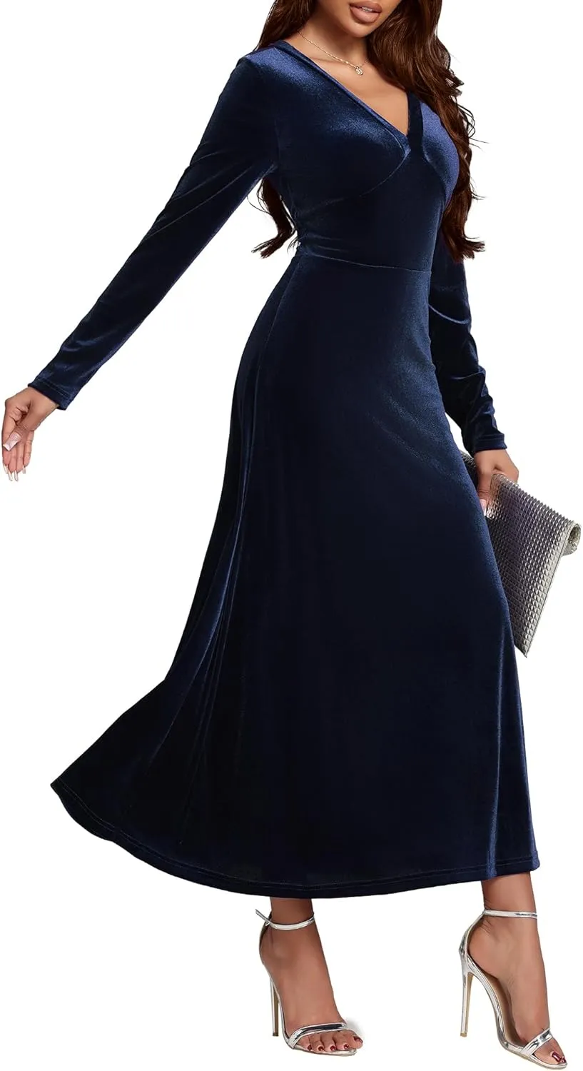 Long Sleeve Velvet Wedding Guest Dresses Formal Maxi Dress for Women