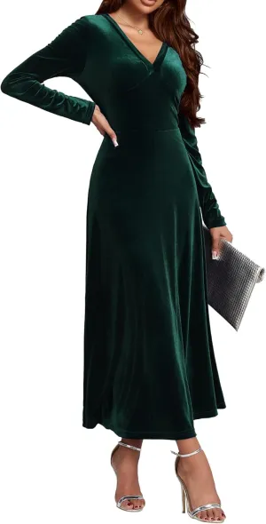 Long Sleeve Velvet Wedding Guest Dresses Formal Maxi Dress for Women
