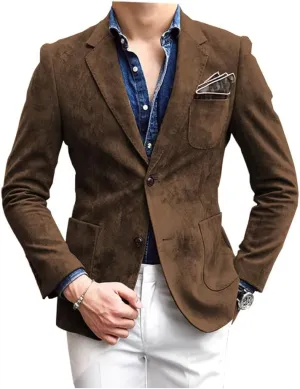 Mens Blazer Suede Jacket Casual 2 Buttons Sport Coat Faux Leather Suit Slim Fit