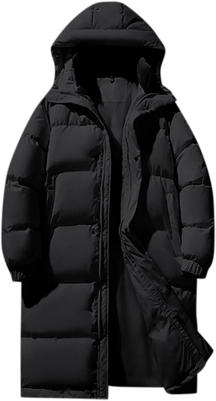Men's Plus Size Long Down Jacket Full Zipper Hooded Jackets Lightweight Parka Warm Winter Coats Travel Puffer Jacket