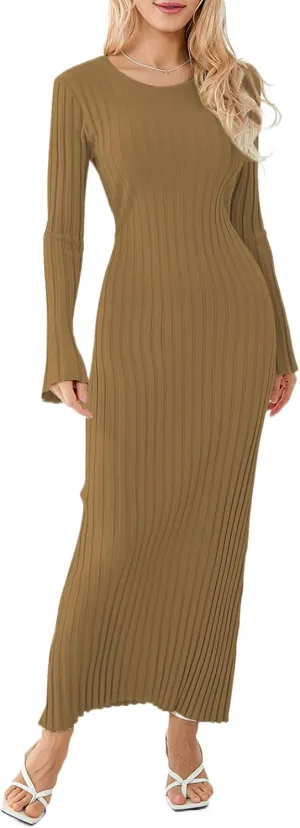 Muineobuka Knitted Long Sleeve Maxi Dress for Women A-Line Bodycon Ribbed Knit Crochet Long Dresses Fall Winter Sweater Dress