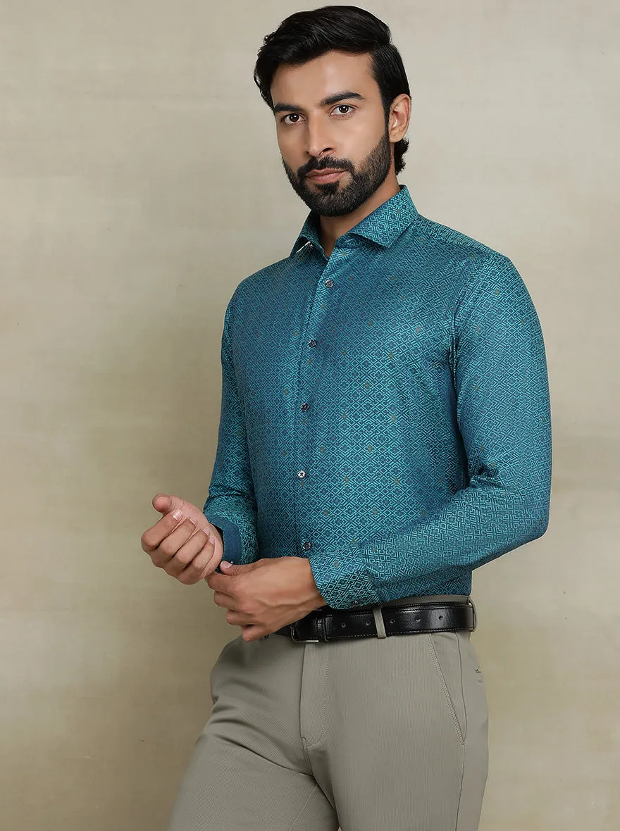 Peacock Blue Printed Slim fit Party Wear Shirt | Wyre