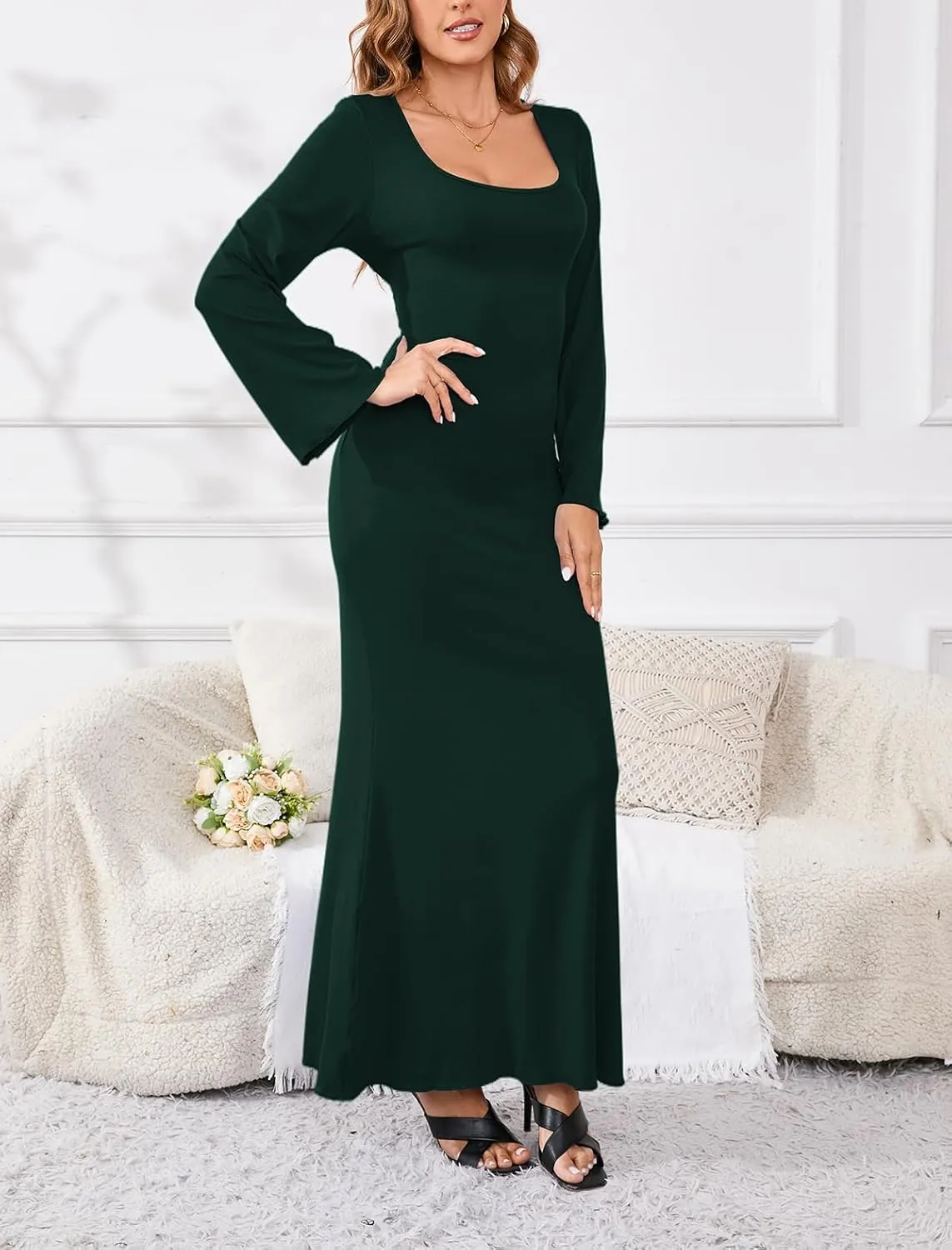 PerZeal Women's Basic Sexy Square Neck Casual Long Sleeve Ribbed Knitted Soft Lounge Long Dress Bodycon Maxi Dresses
