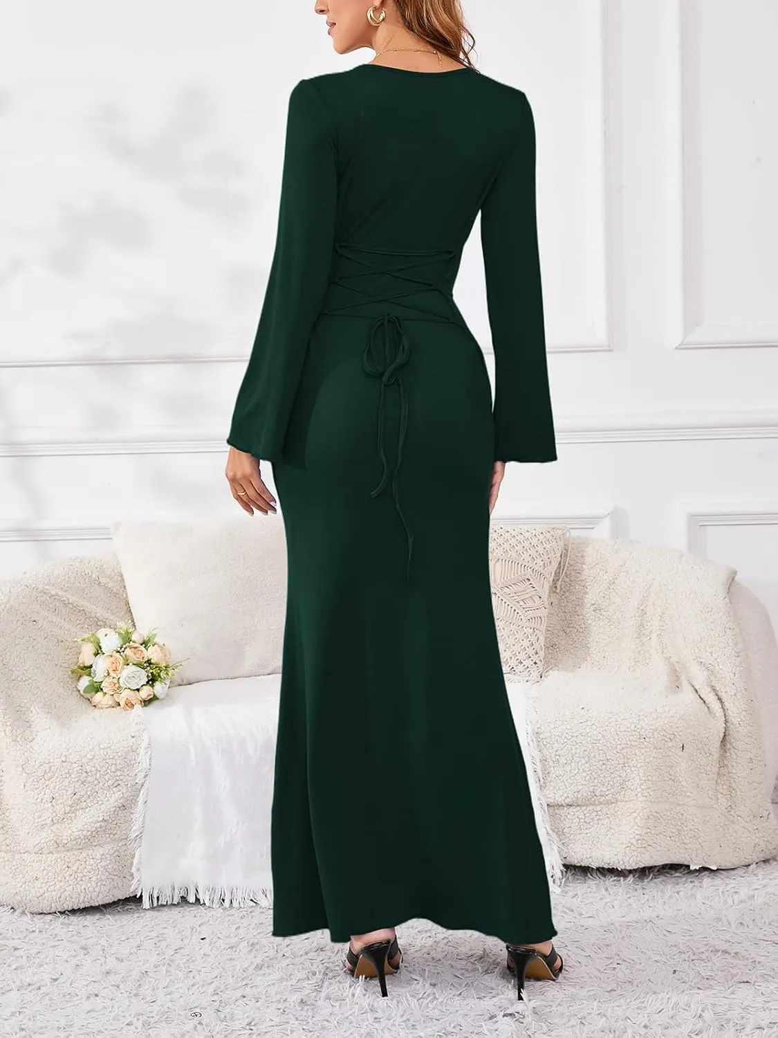 PerZeal Women's Basic Sexy Square Neck Casual Long Sleeve Ribbed Knitted Soft Lounge Long Dress Bodycon Maxi Dresses