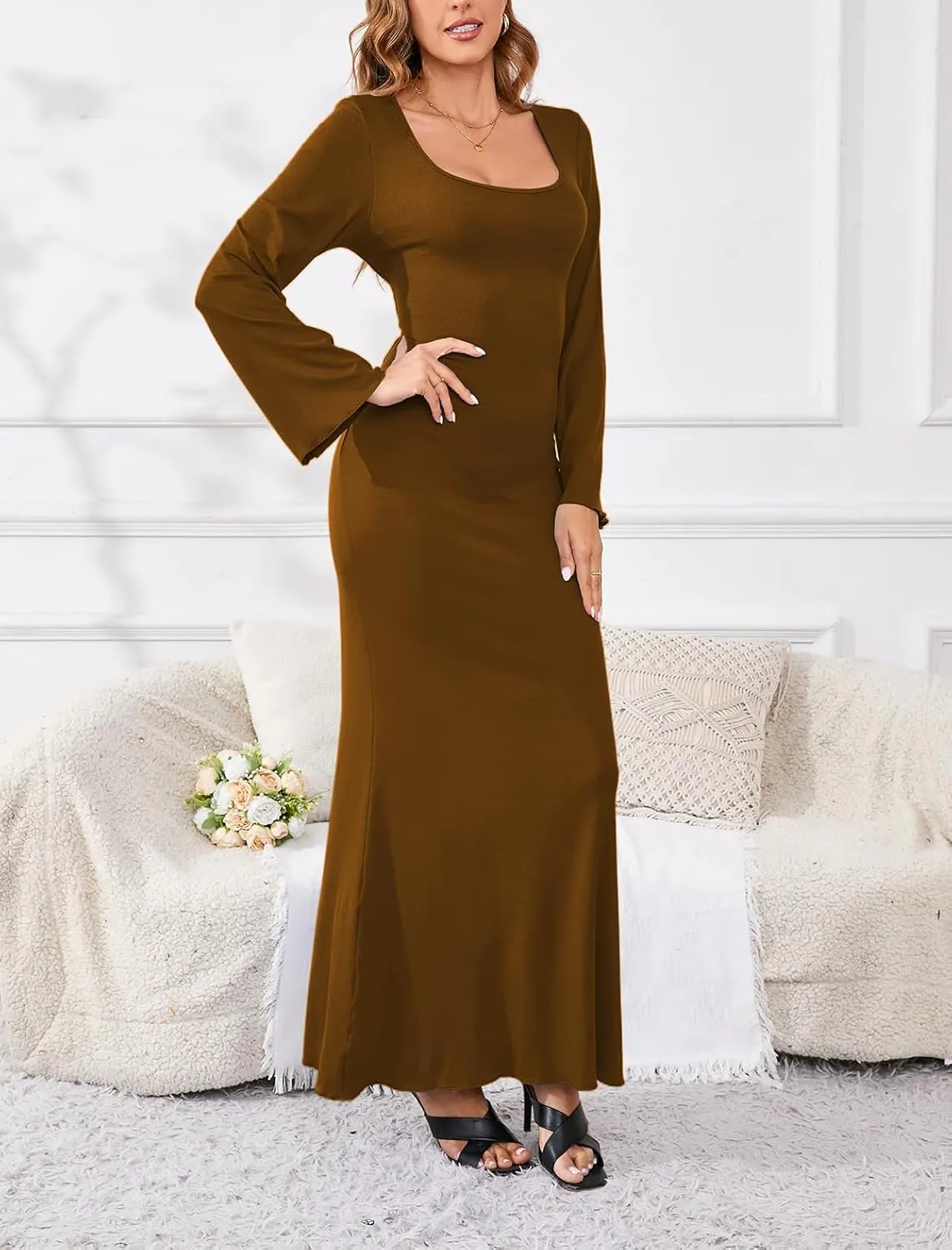 PerZeal Women's Basic Sexy Square Neck Casual Long Sleeve Ribbed Knitted Soft Lounge Long Dress Bodycon Maxi Dresses