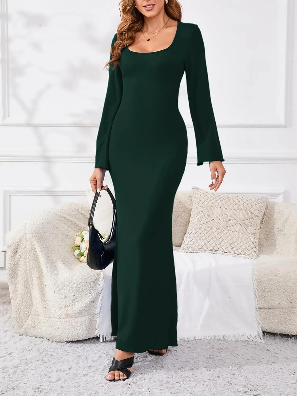 PerZeal Women's Basic Sexy Square Neck Casual Long Sleeve Ribbed Knitted Soft Lounge Long Dress Bodycon Maxi Dresses