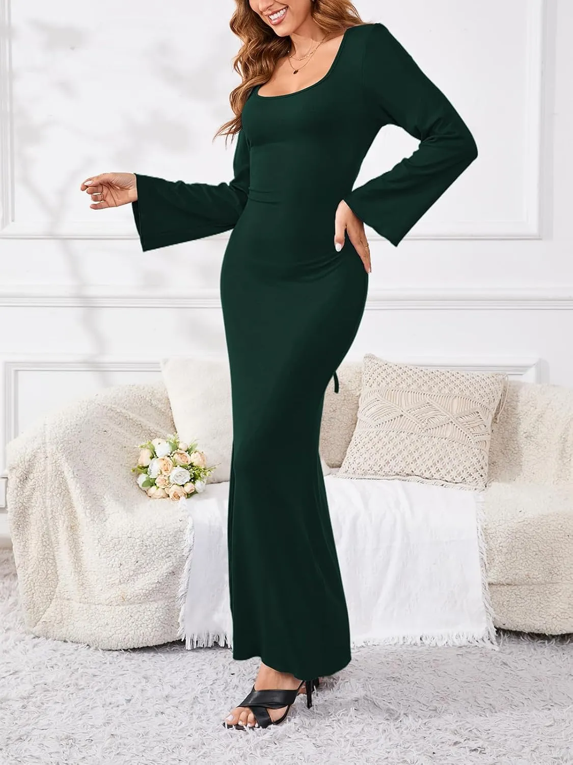 PerZeal Women's Basic Sexy Square Neck Casual Long Sleeve Ribbed Knitted Soft Lounge Long Dress Bodycon Maxi Dresses