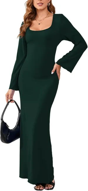 PerZeal Women's Basic Sexy Square Neck Casual Long Sleeve Ribbed Knitted Soft Lounge Long Dress Bodycon Maxi Dresses