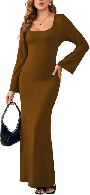 PerZeal Women's Basic Sexy Square Neck Casual Long Sleeve Ribbed Knitted Soft Lounge Long Dress Bodycon Maxi Dresses