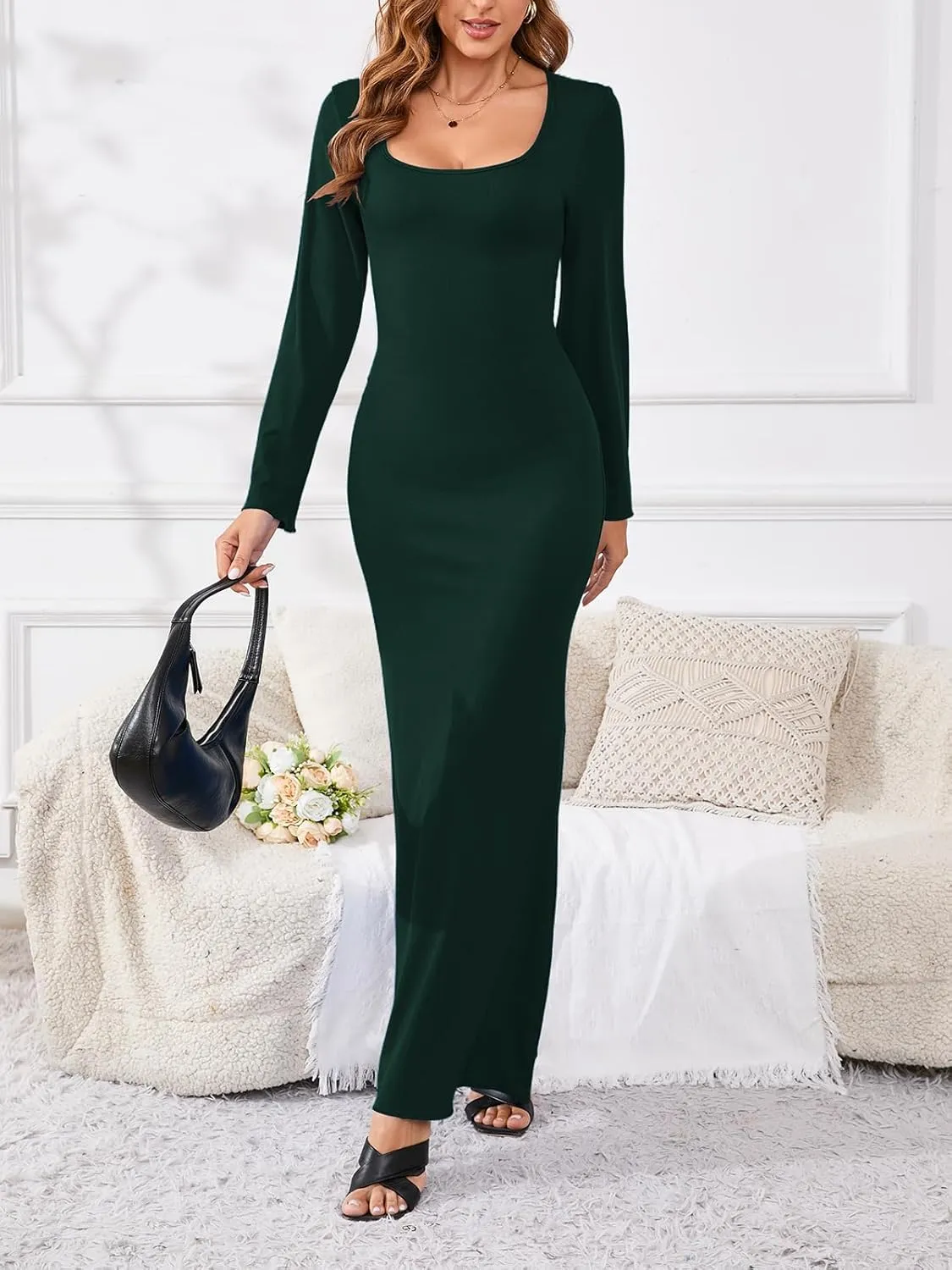 PerZeal Women's Basic Sexy Square Neck Casual Long Sleeve Ribbed Knitted Soft Lounge Long Dress Bodycon Maxi Dresses