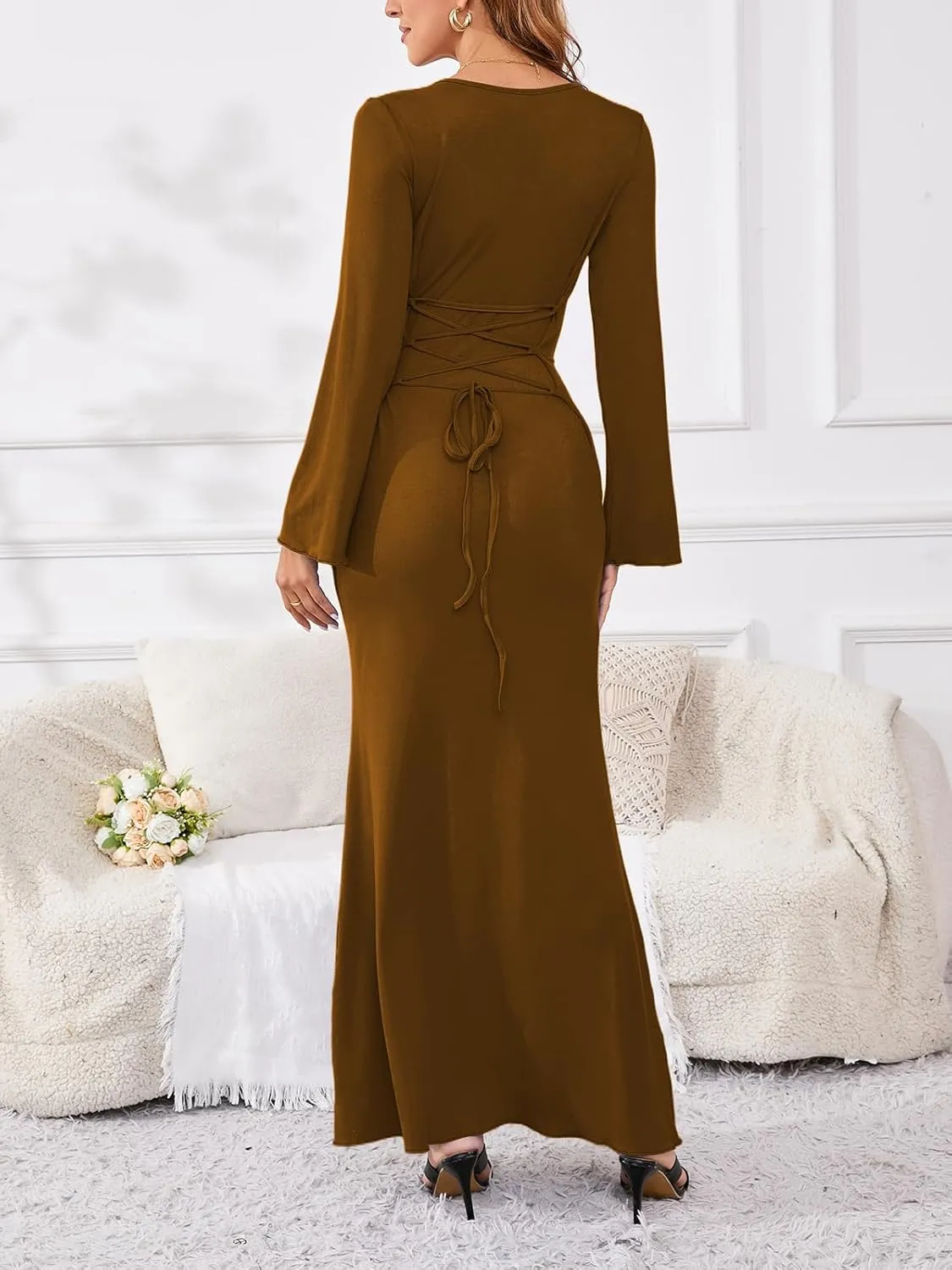 PerZeal Women's Basic Sexy Square Neck Casual Long Sleeve Ribbed Knitted Soft Lounge Long Dress Bodycon Maxi Dresses