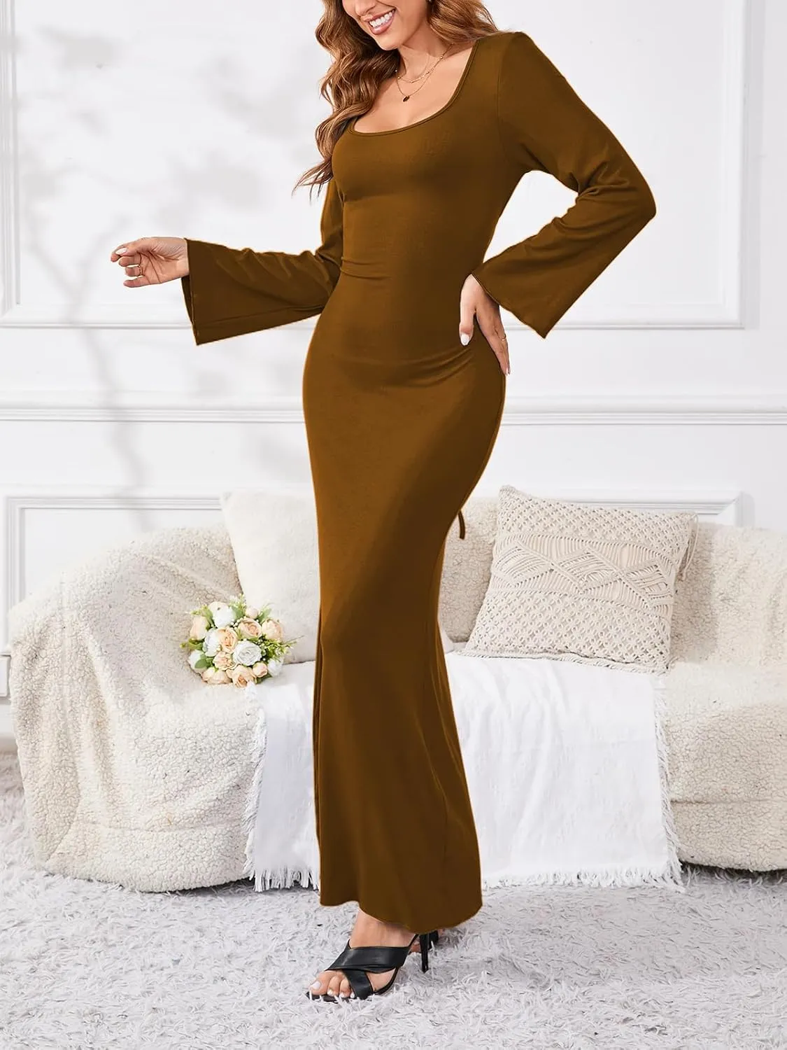 PerZeal Women's Basic Sexy Square Neck Casual Long Sleeve Ribbed Knitted Soft Lounge Long Dress Bodycon Maxi Dresses