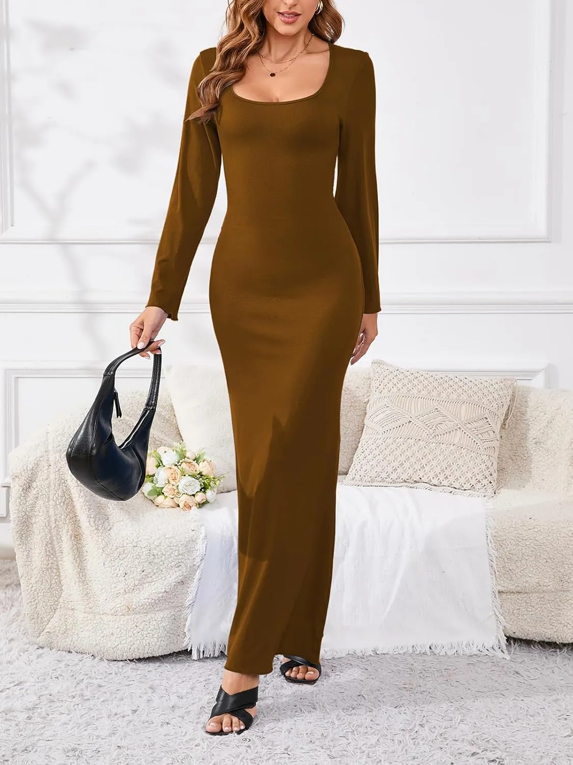 PerZeal Women's Basic Sexy Square Neck Casual Long Sleeve Ribbed Knitted Soft Lounge Long Dress Bodycon Maxi Dresses