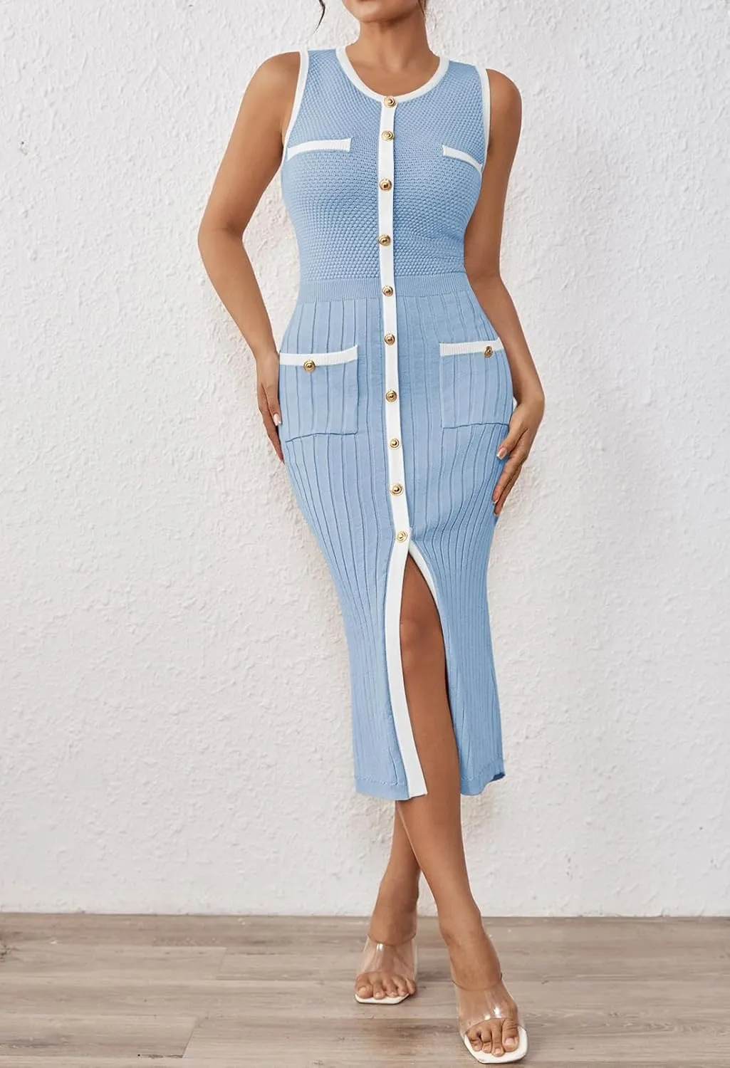 Pink Queen Women's Summer Sweater Dress Sleeveless Slim Fit Bodycon Midi Dresses