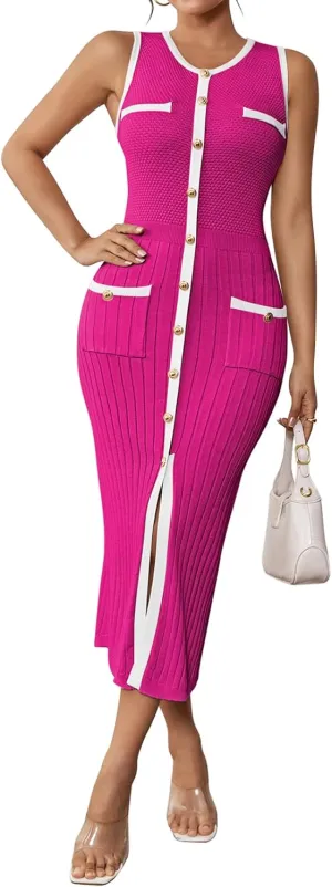 Pink Queen Women's Summer Sweater Dress Sleeveless Slim Fit Bodycon Midi Dresses