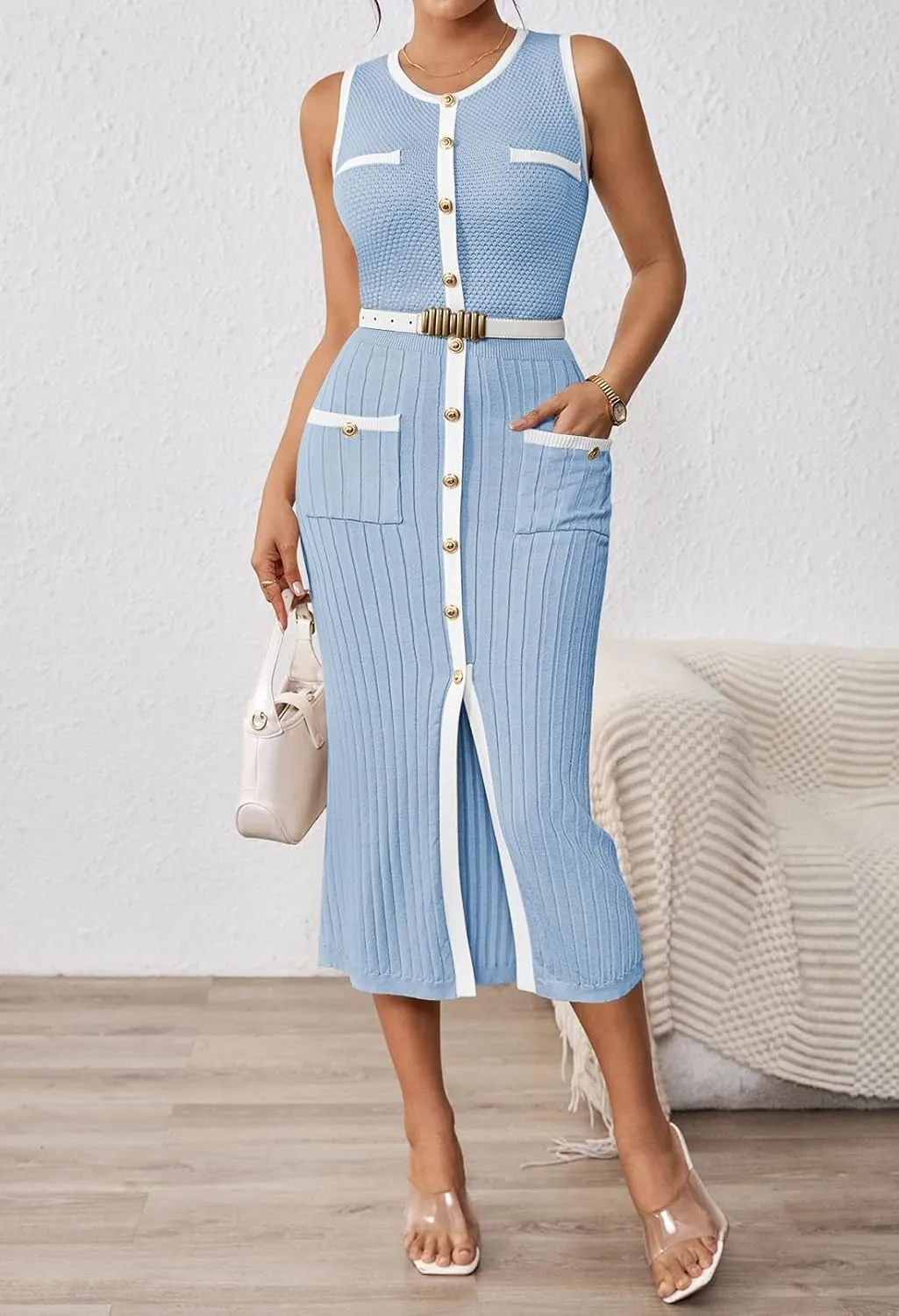 Pink Queen Women's Summer Sweater Dress Sleeveless Slim Fit Bodycon Midi Dresses