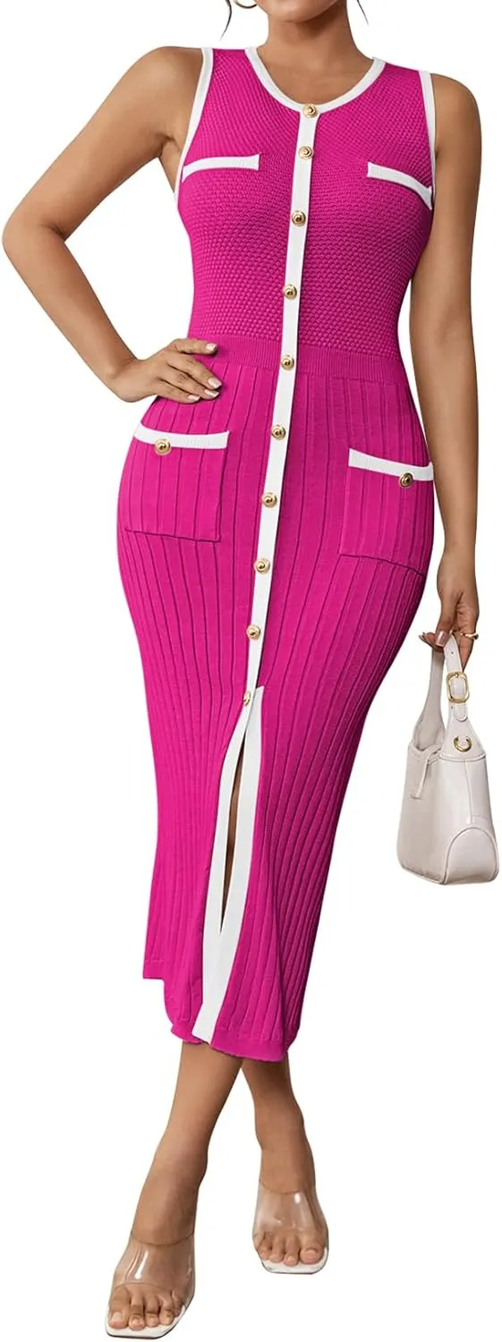 Pink Queen Women's Summer Sweater Dress Sleeveless Slim Fit Bodycon Midi Dresses