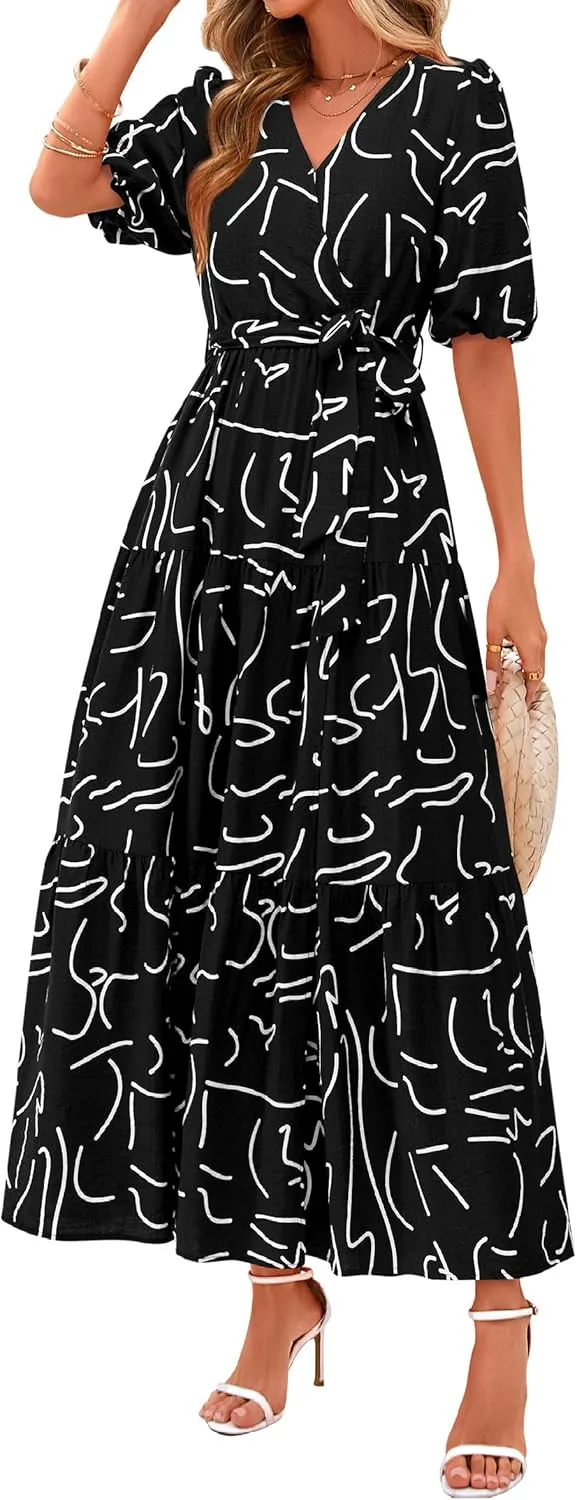 PRETTYGARDEN Women's Summer Maxi Dress 2025 Resort Wear Boho Floral V Neck Puff Short Sleeve Ruffle Flowy Beach Long Dresses