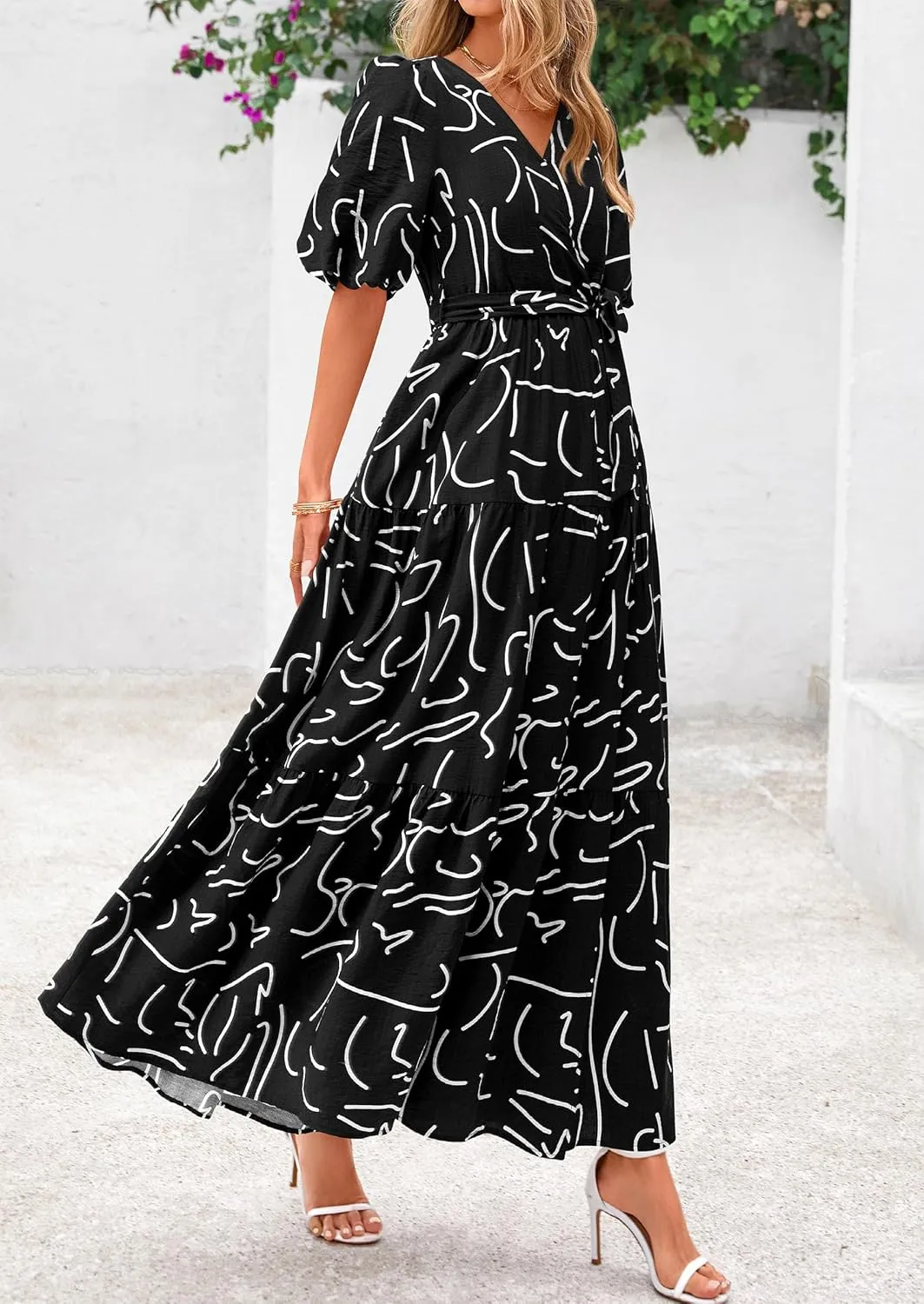 PRETTYGARDEN Women's Summer Maxi Dress 2025 Resort Wear Boho Floral V Neck Puff Short Sleeve Ruffle Flowy Beach Long Dresses