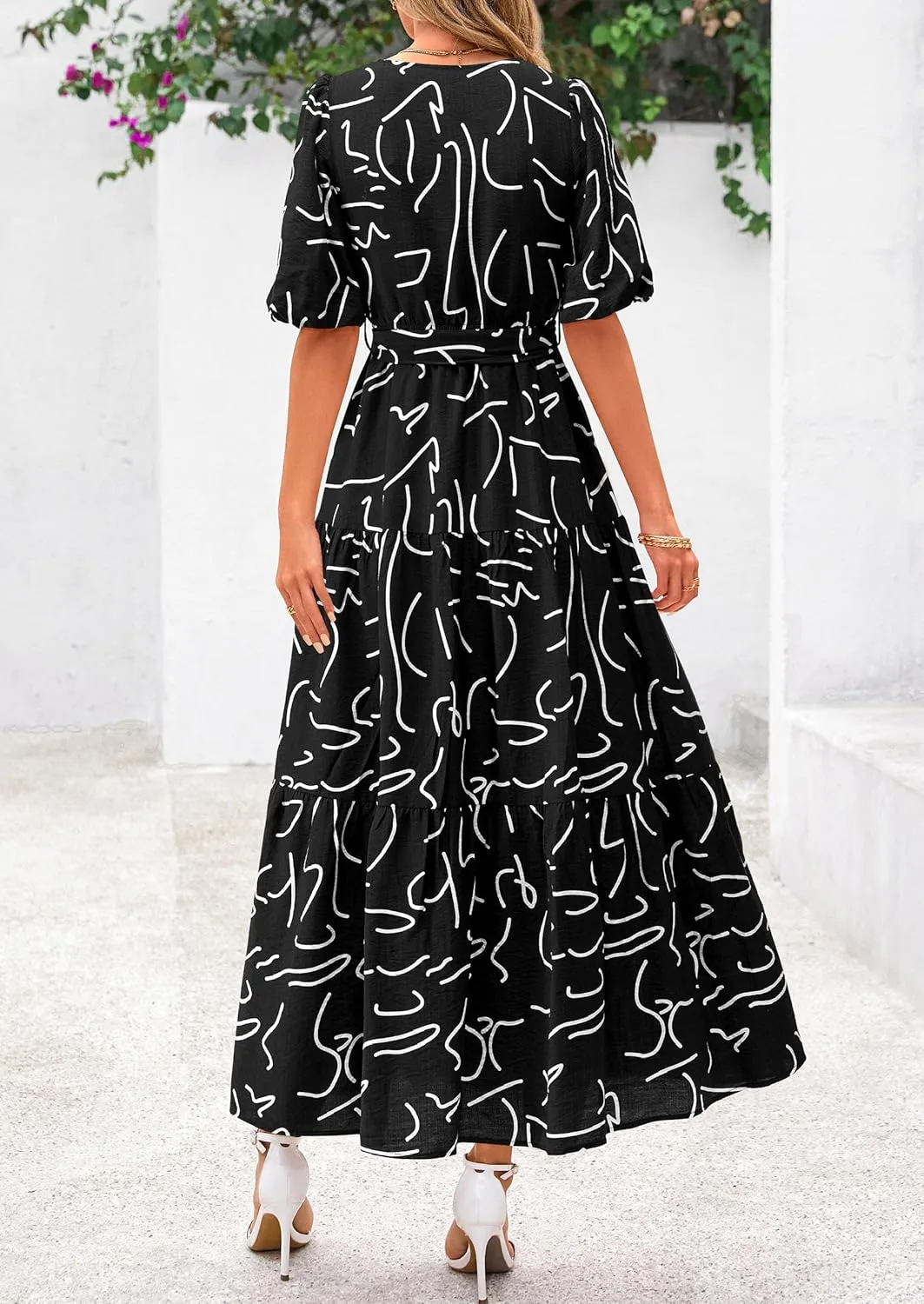 PRETTYGARDEN Women's Summer Maxi Dress 2025 Resort Wear Boho Floral V Neck Puff Short Sleeve Ruffle Flowy Beach Long Dresses