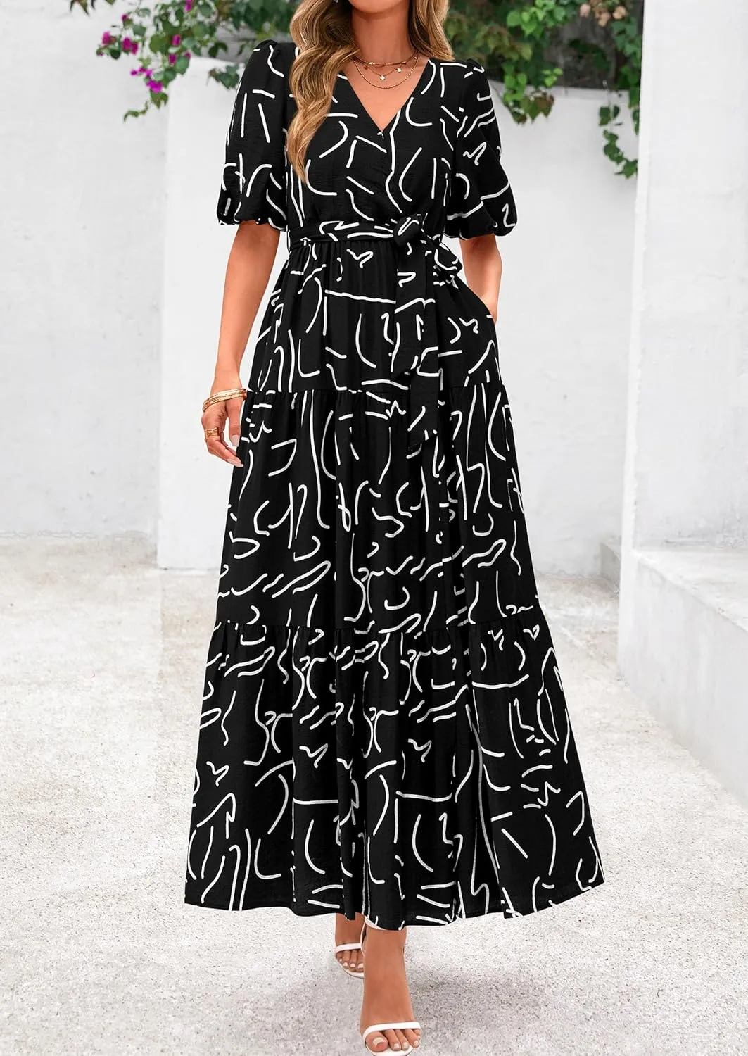 PRETTYGARDEN Women's Summer Maxi Dress 2025 Resort Wear Boho Floral V Neck Puff Short Sleeve Ruffle Flowy Beach Long Dresses