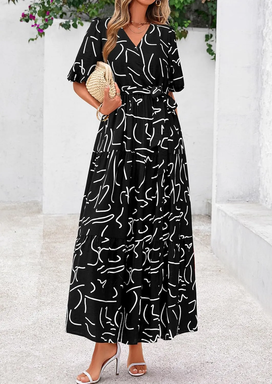 PRETTYGARDEN Women's Summer Maxi Dress 2025 Resort Wear Boho Floral V Neck Puff Short Sleeve Ruffle Flowy Beach Long Dresses