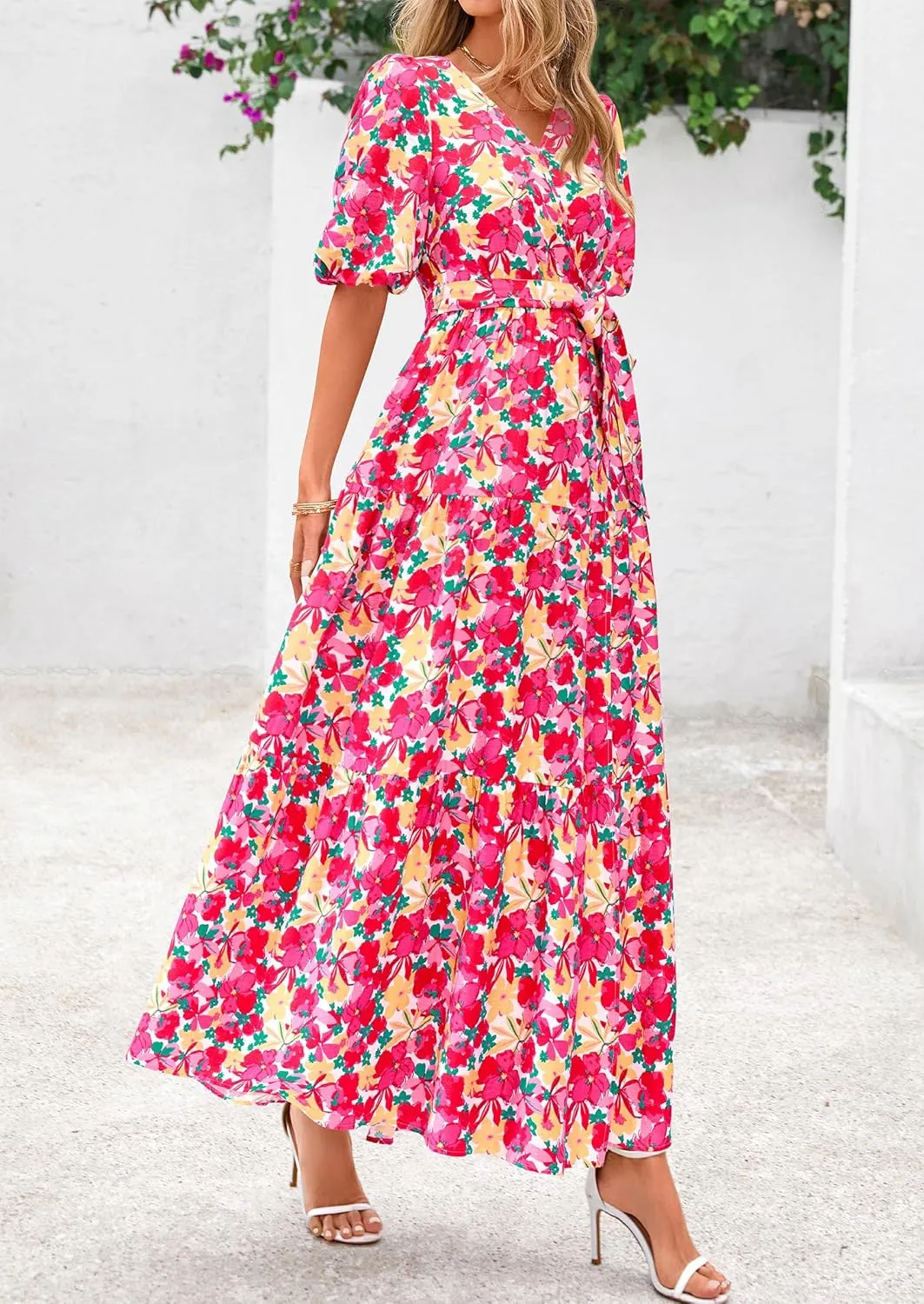 PRETTYGARDEN Women's Summer Maxi Dress 2025 Resort Wear Boho Floral V Neck Puff Short Sleeve Ruffle Flowy Beach Long Dresses