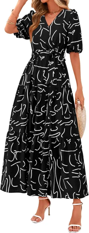 PRETTYGARDEN Women's Summer Maxi Dress 2025 Resort Wear Boho Floral V Neck Puff Short Sleeve Ruffle Flowy Beach Long Dresses
